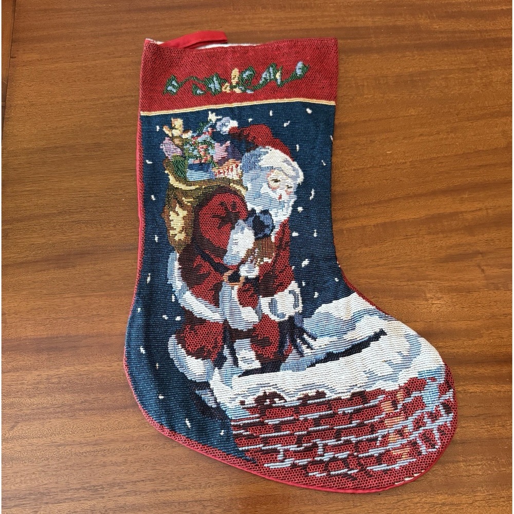 Vintage Tapestry Christmas Stocking Santa on Chimney – 18" – Handmade Red Back